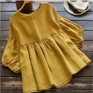 New Sunny Yellow Loose Cotton Mix Boho Blouse Puffy Sleeves Drop Shoulder XLarge